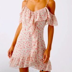 Dress Forum Pink Floral Cold Off Shoulder Ruffle Mini Dress Small
